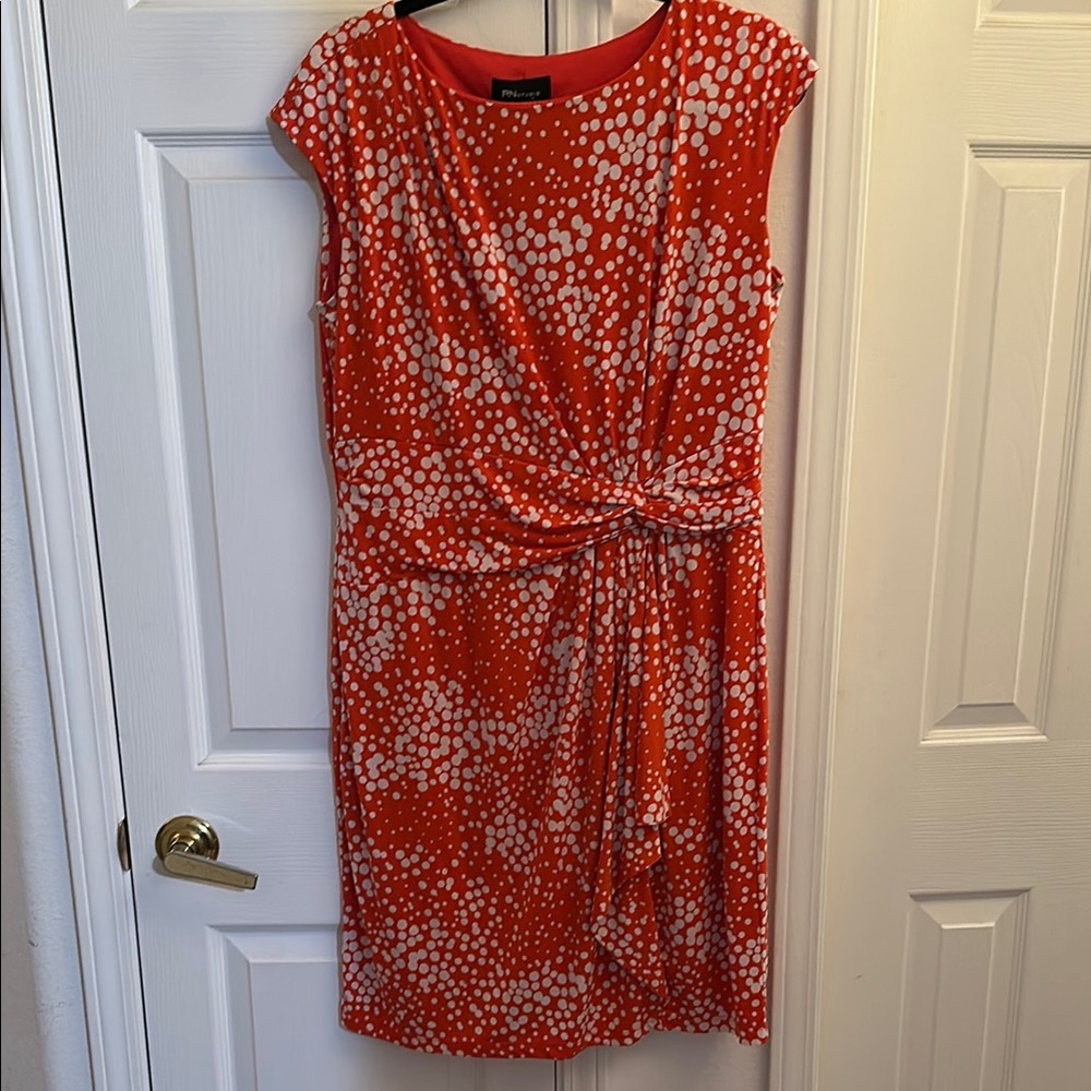 RN Studio by Ronni Nicole Orange and White Polka Dot Dress Size XL